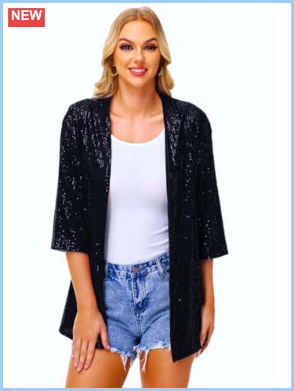 Sequin Cardigan 3/4 Sleeve Open Front Sparkle Outwear Party Evening